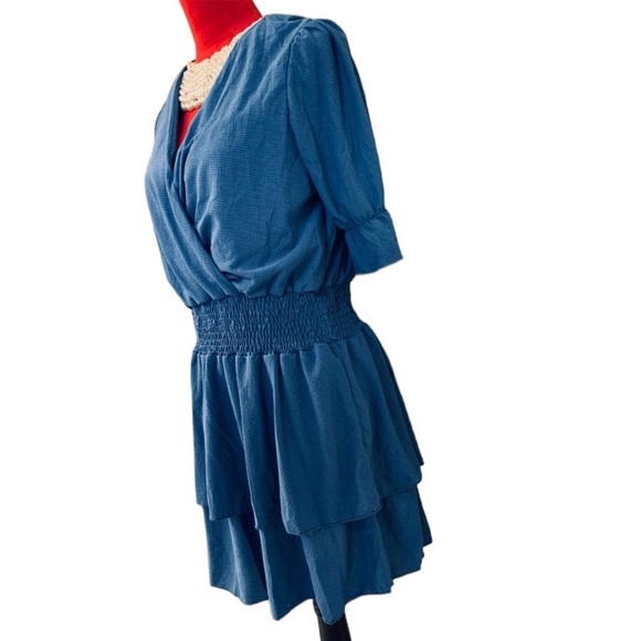 BLUE SHORT SLEEVE RUFFLE LAYERED PEPLUM DRESS - Picture 4 of 6